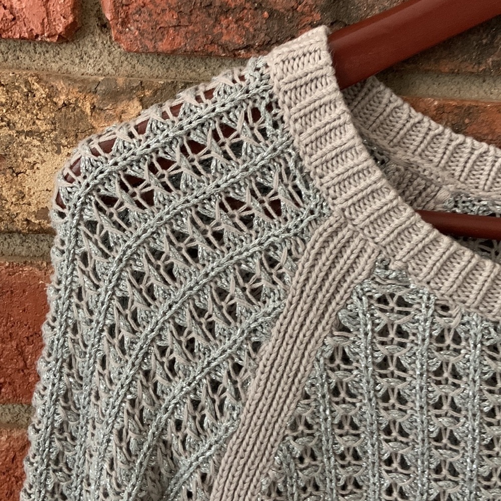 LOFT Silver & Tan Long Sleeve Open Knit Sweater - Picture 3 of 6